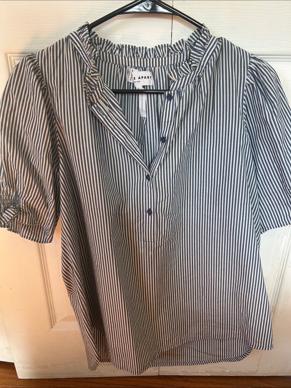 Apiece Apart Navy and White Vertical Stripe Ruffle Neck Popover